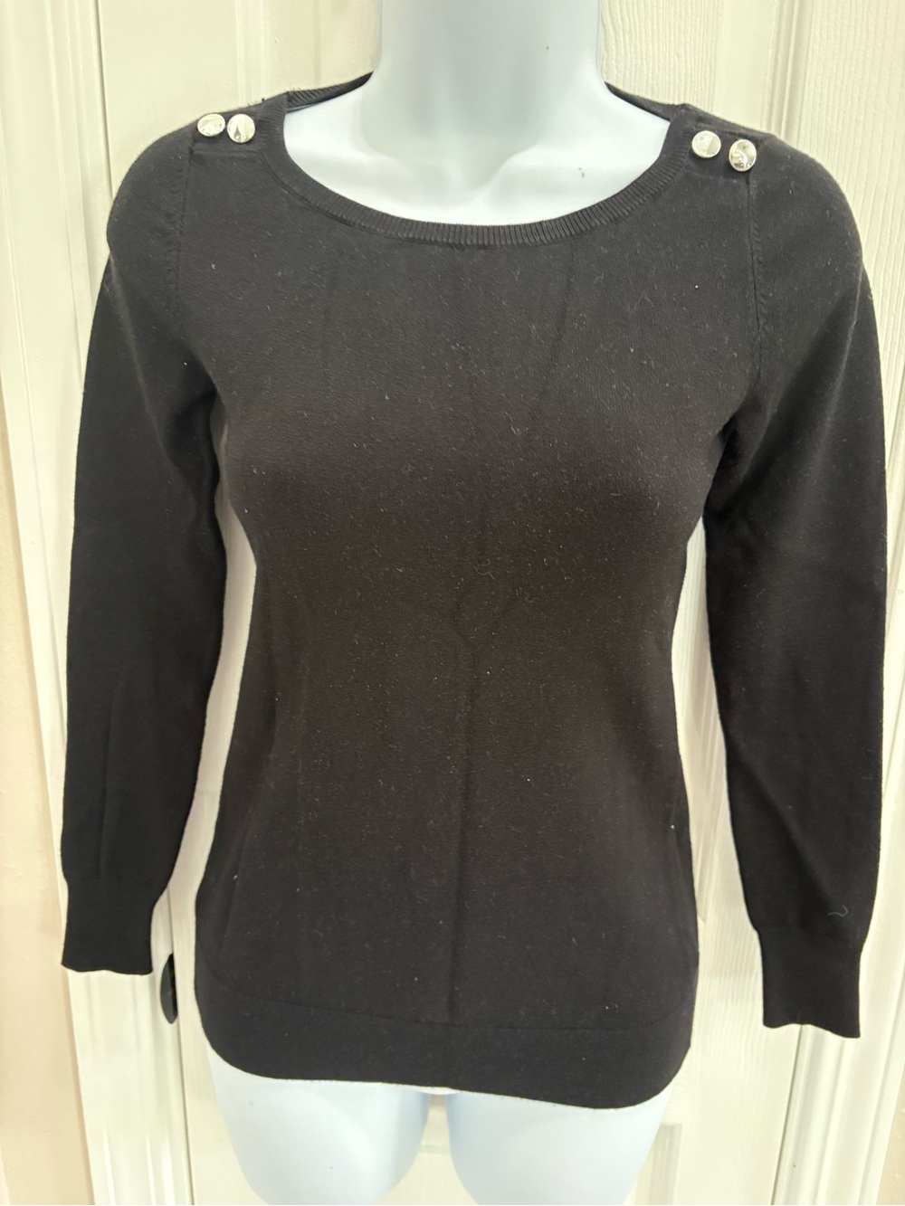 White House Black Market Black Crewneck Sweater with Shoulder Buttons